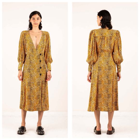Ganni Dresses & Skirts - Ganni Leopard Print Plunge Midi Dress Crepe Yellow Animal Print Long Sleeve